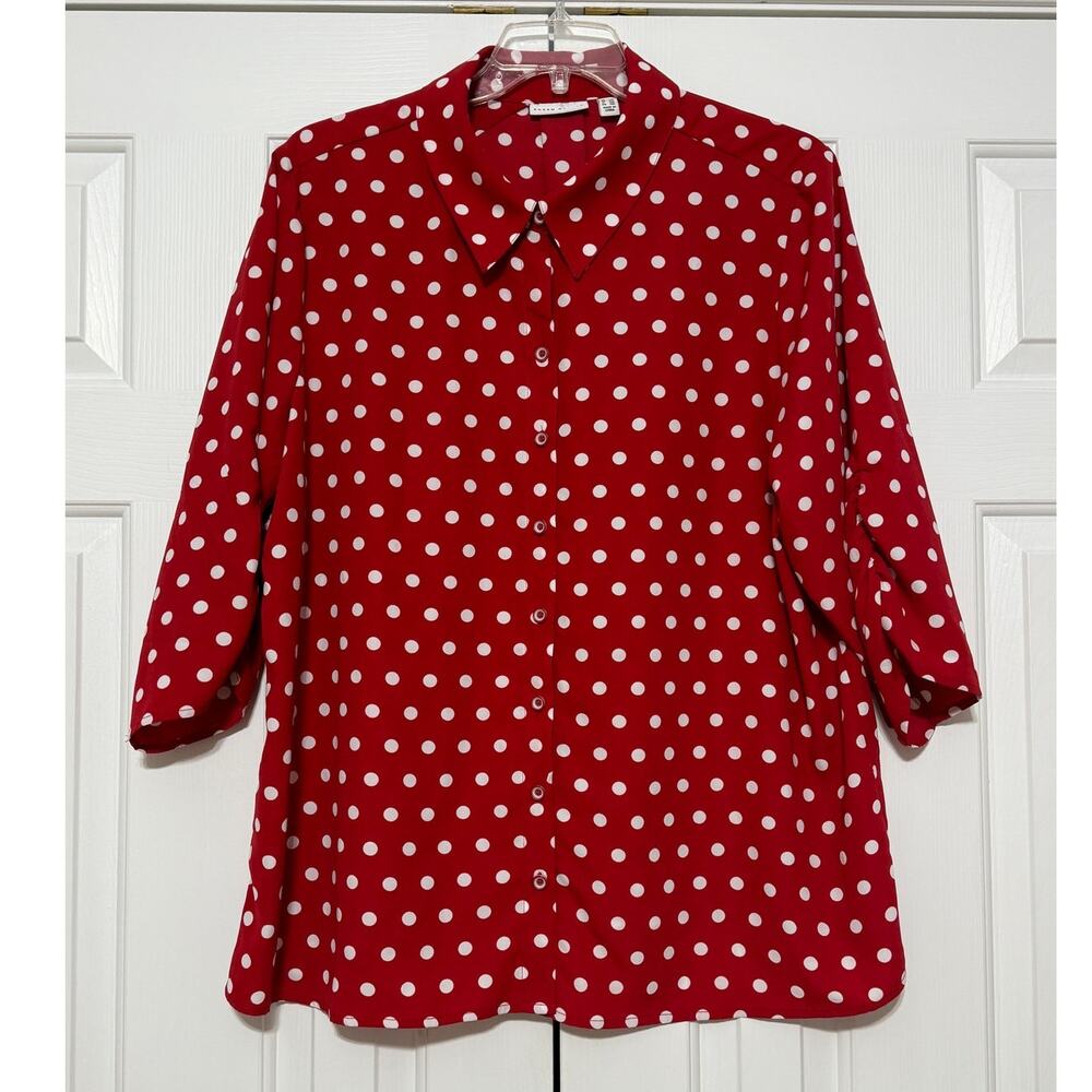 Susan Graver Polka Dot Button Up Blouse, Red & White, Size 2X